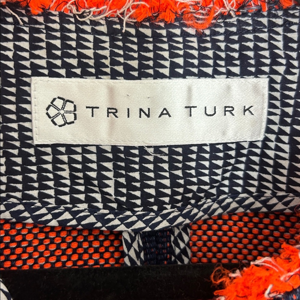 Trina Turk Mitra Pop Tweed Jacket Navy & Orange, silk cotton, fits like small - Picture 4 of 9